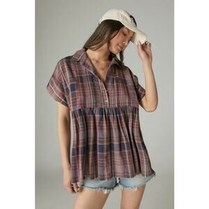 Lucky Brand babydoll peasant top plaid medium